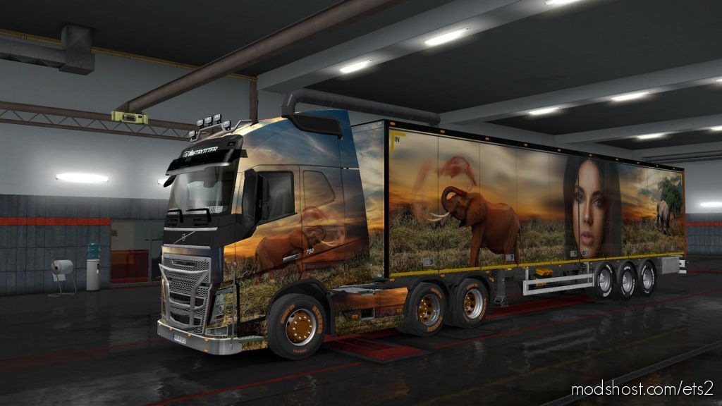 ETS2 Mod: Elephant Theme – Skin For 1.35.X Volvo FH2012 + 2 Trailers (Featured)