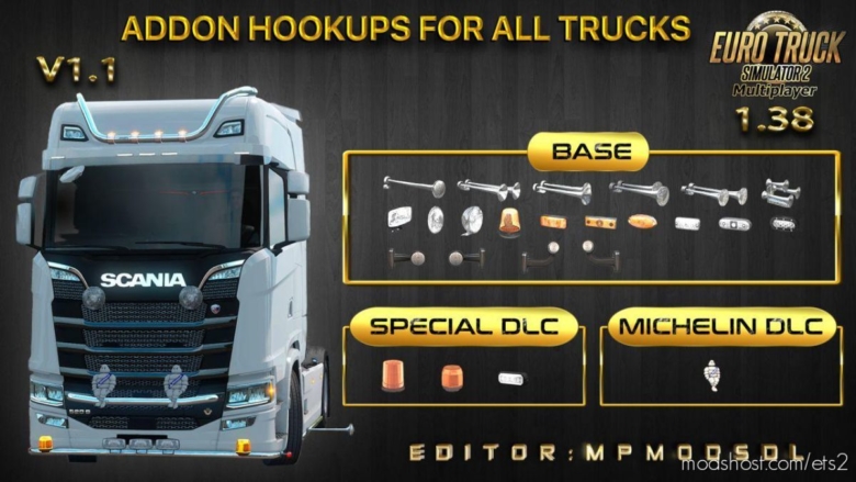 ETS2 Part Mod: Addon Hookups For ALL Trucks V1.1 For Multiplayer 1.38 (Featured)