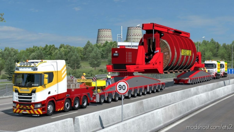 ETS2 Trailer Mod: 260 Tons Industrial Cable Reel Transport With Support Trucks 1.38 (Featured)