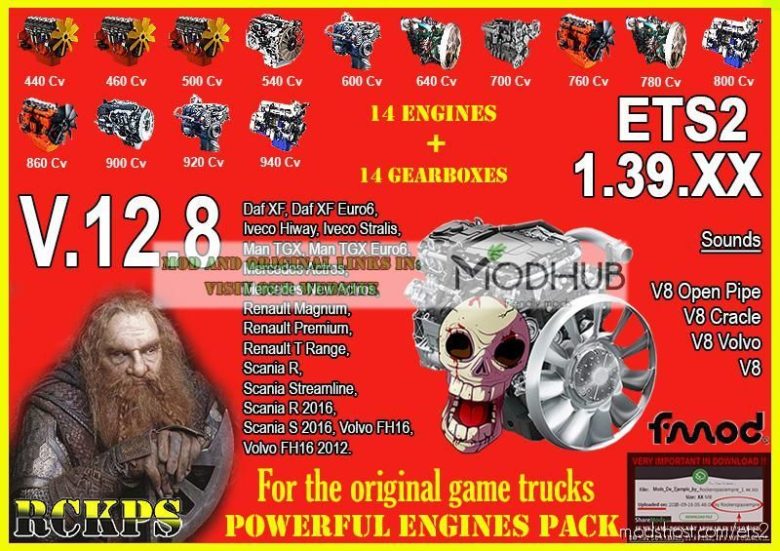 ETS2 Part Mod: Pack Powerful Engines + Gearboxes V12.8 1.39.X (Featured)