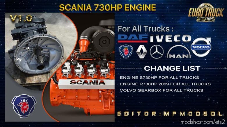 ETS2 Part Mod: Scania 730HP Engine For ALL Trucks Mod 1.39 (Featured)