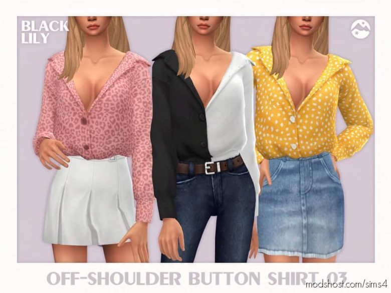 Sims 4 Clothes Mod: Off-Shoulder Button Shirt 03 (Featured)