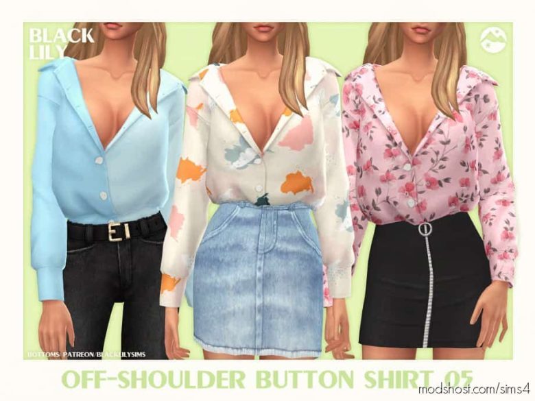 Sims 4 Clothes Mod: Off-Shoulder Button Shirt 05 (Featured)