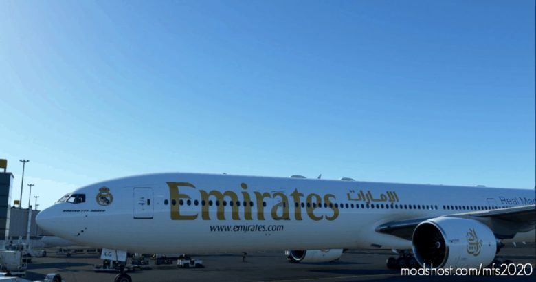 MSFS 2020 777-300ER Livery Mod: Captainsim B777-300ER Emirates Real Madrid V1.1 (Featured)