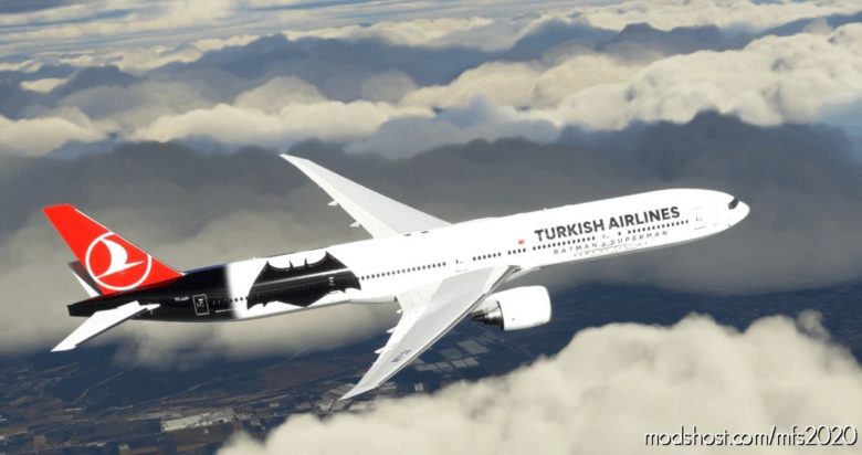 MSFS 2020 Boeing Livery Mod: Turkish Airlines Batman V Superman For Captainsim B777-300ER Tc-Jjn V1 (Featured)