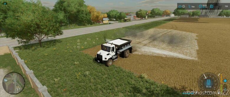 FS22 Sprayer Mod: Freightliner 108SD With NEW Leader L4330G4 Lime / Fertilizer Spreader (Featured)