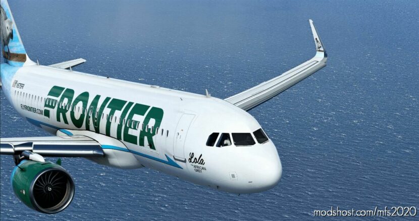 MSFS 2020 A32NX Livery Mod: Frontier Airlines – “Lola The African Grey” (Fictional) – FBW A32NX (Featured)