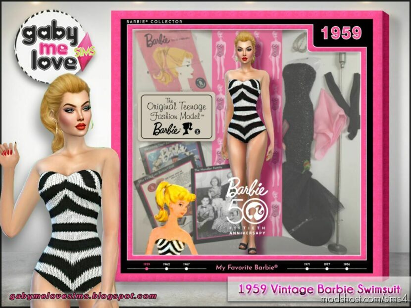 Sims 4 Swimwear Clothes Mod: Iconic 1959 Vintage Barbie Doll's Swimsuit (Featured)