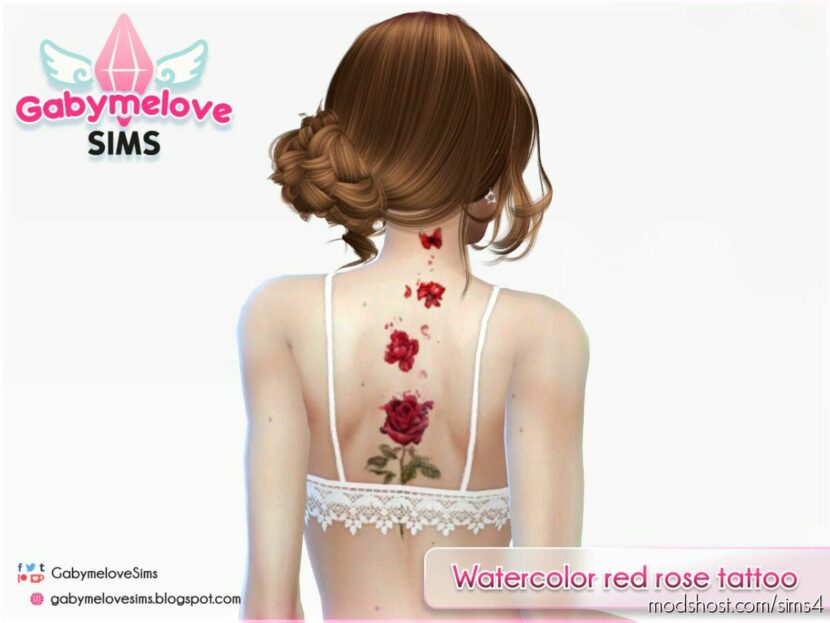 Sims 4 Female Mod: Watercolor red rose tattoo (Featured)