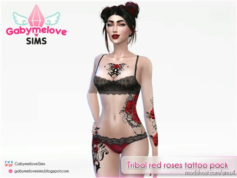 Sims 4 Female Mod: Tribal red roses tattoo pack (Featured)