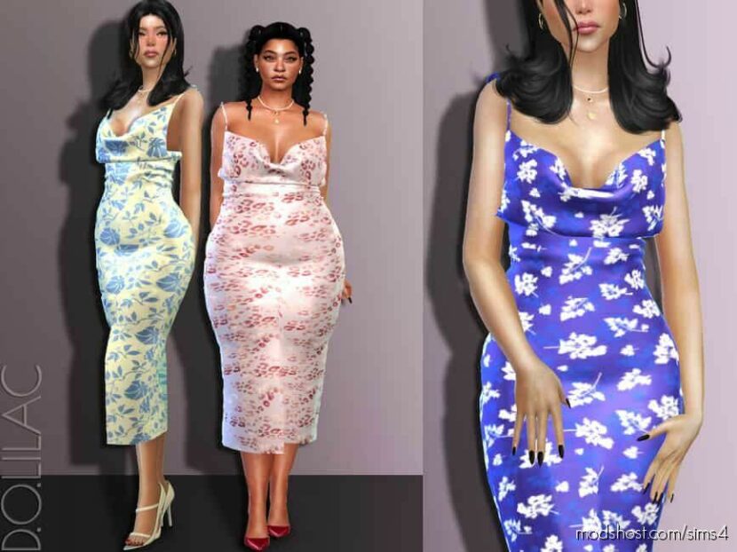 Sims 4 Adult Clothes Mod: Pattern Satin Midi Dress DO559 (Featured)