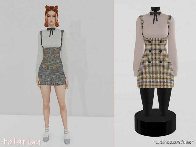 Sims 4 Female Clothes Mod: Vivian Tweed Sundress With Shirt And BOW (Featured)