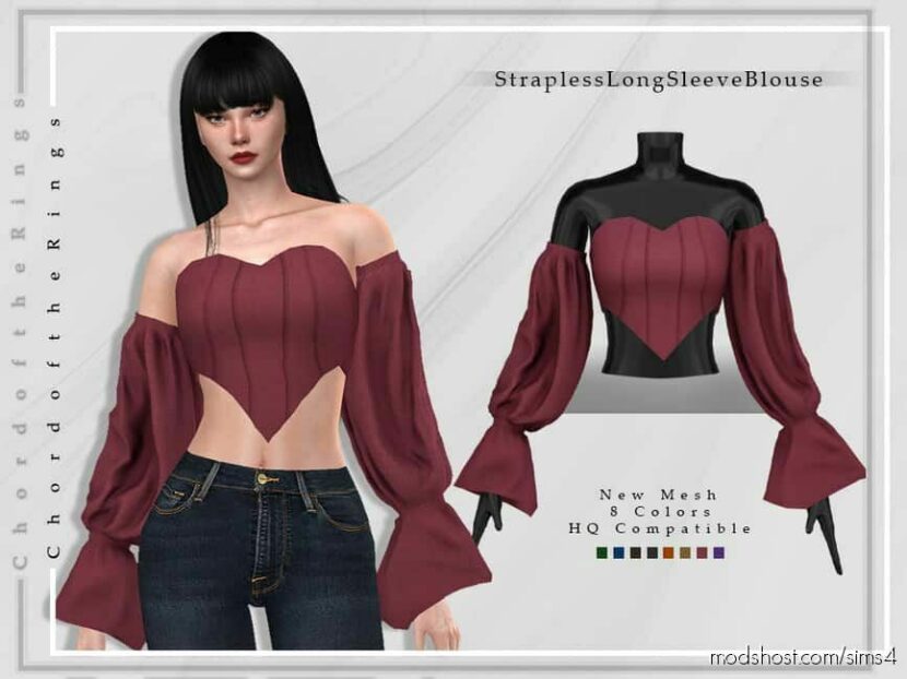 Sims 4 Female Clothes Mod: Strapless Long Sleeve Blouse T-347 (Featured)