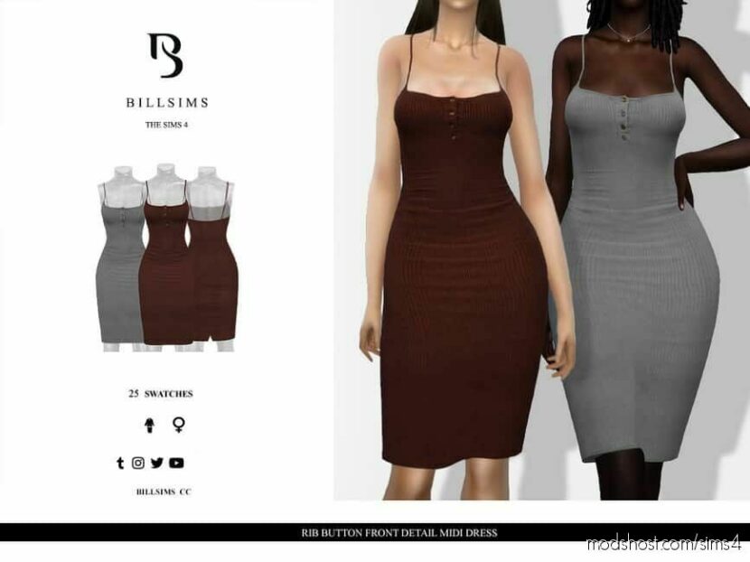 Sims 4 Adult Clothes Mod: RIB Button Front Detail Midi Dress (Featured)