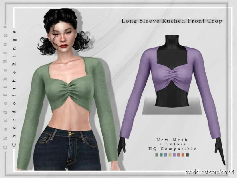 Sims 4 Female Clothes Mod: Long Sleeve Ruched Front Crop TOP T-362 (Featured)