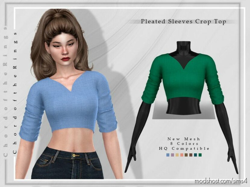 Sims 4 Female Clothes Mod: Pleated Sleeves Crop Top T-367 (Featured)