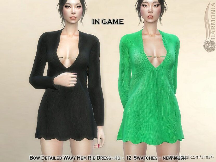 Sims 4 Teen Clothes Mod: Bow Detailed Wavy Hem Rib Dress (Featured)