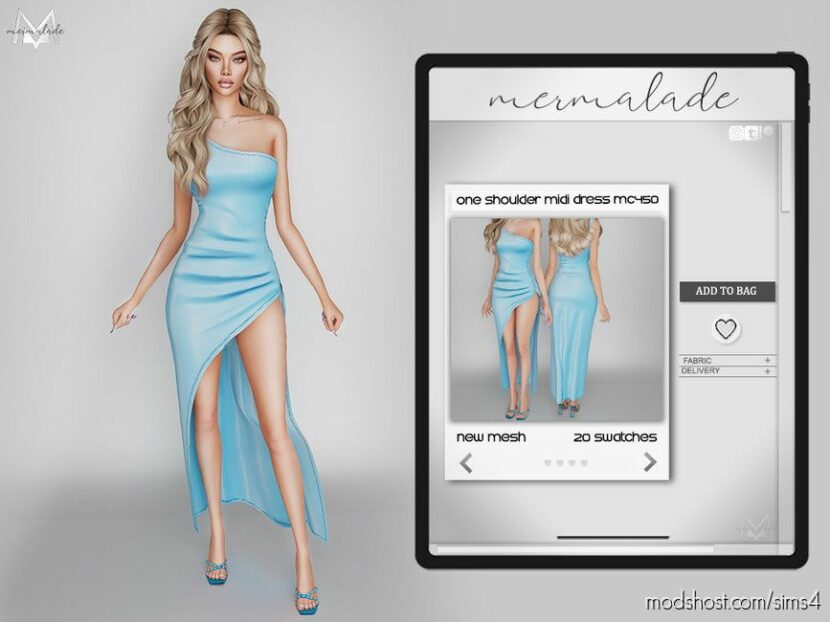 Sims 4 Teen Clothes Mod: One Shoulder Midi Dress MC450 (Featured)