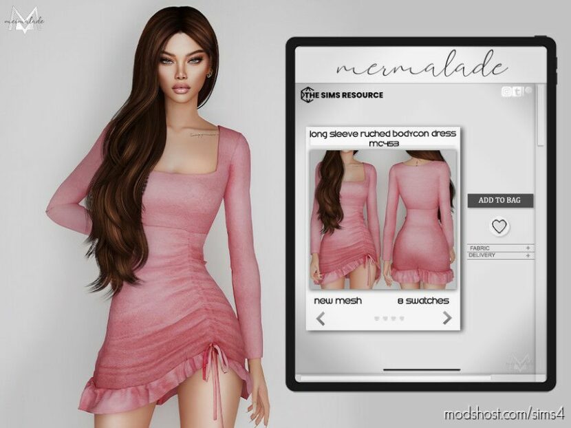 Sims 4 Adult Clothes Mod: Long Sleeve Ruched Bodycon Dress MC453 (Featured)