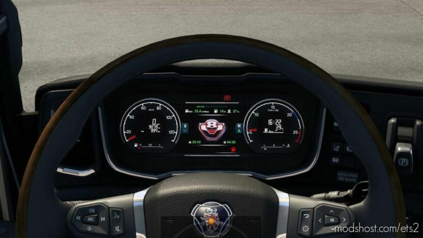 ETS2 Interior Mod: V8 logo for Scania NG Improved Dashboard v2.1 (Featured)