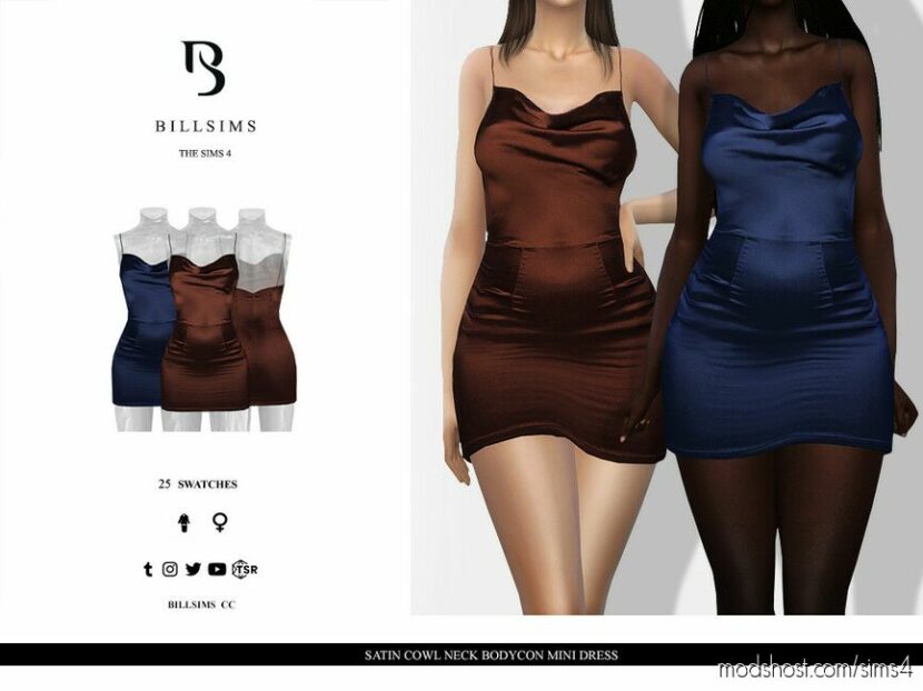 Sims 4 Female Clothes Mod: Satin Cowl Neck Bodycon Mini Dress (Featured)