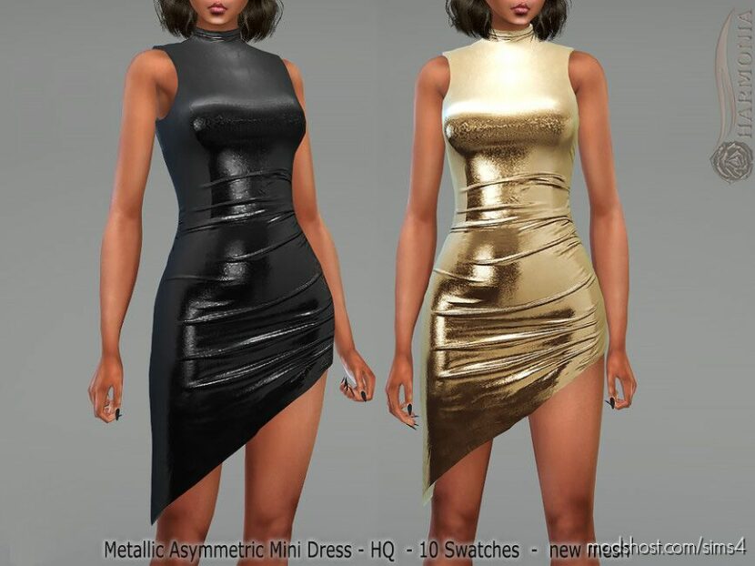 Sims 4 Teen Clothes Mod: Metallic Asymmetric Mini Dress (Featured)