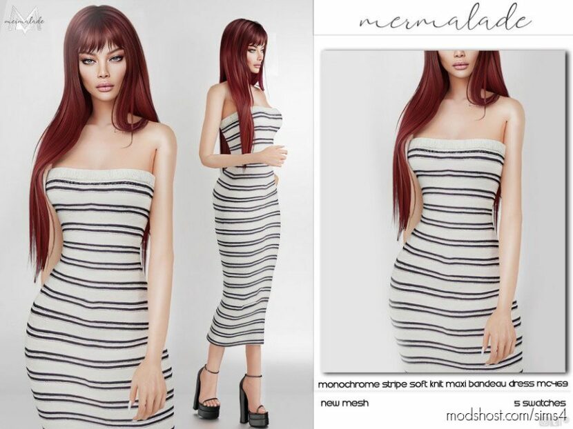 Sims 4 Adult Clothes Mod: Monochrome Stripe Soft Knit Maxi Bandeau Dress MC469 (Featured)