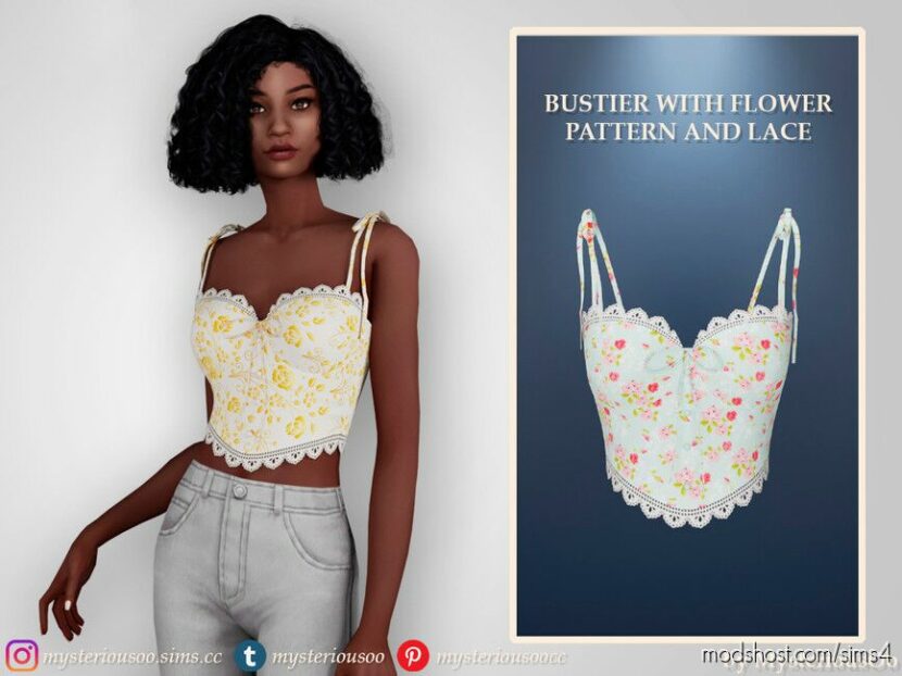 Sims 4 Teen Clothes Mod: Bustier with flower pattern and lace (Featured)