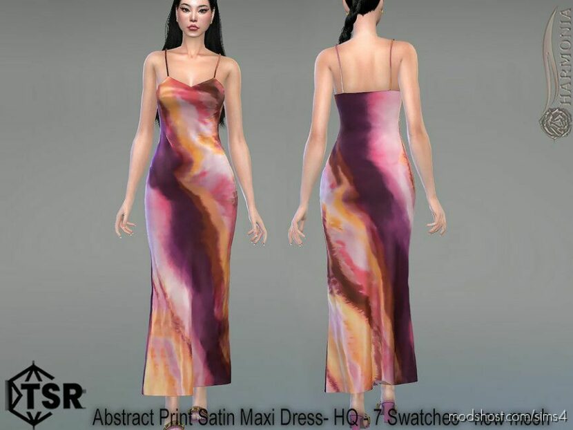 Sims 4 Elder Clothes Mod: Abstract Print Satin Maxi Dress (Featured)