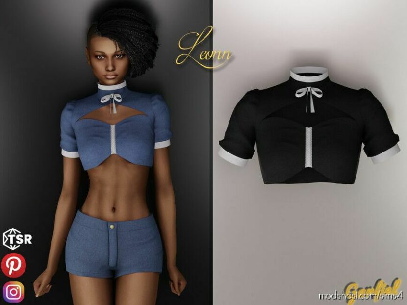 Sims 4 Adult Clothes Mod: Leonn – TOP With Wide Neckline, BOW And Puff Sleeves (Featured)