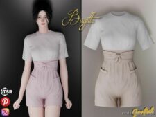 Sims 4 Teen Clothes Mod: Brigitte – T-Shirt Tucked Into Shorts With A Tied Belt (Featured)