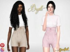 Sims 4 Teen Clothes Mod: Brigitte – T-Shirt Tucked Into Shorts With A Tied Belt (Image #2)