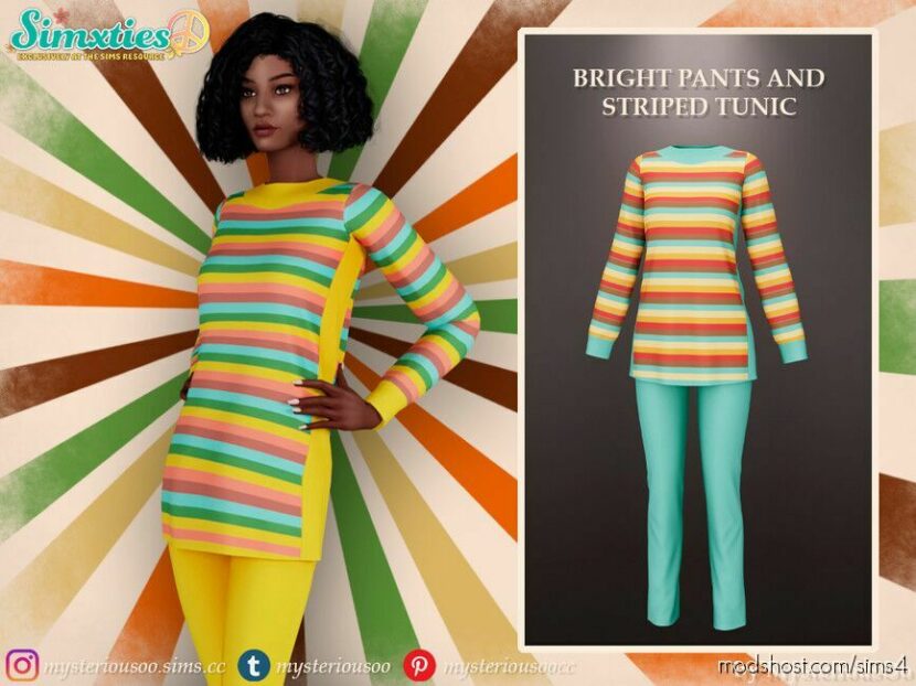 Sims 4 Teen Clothes Mod: Simxties – Bright Pants And Striped Tunic (Featured)