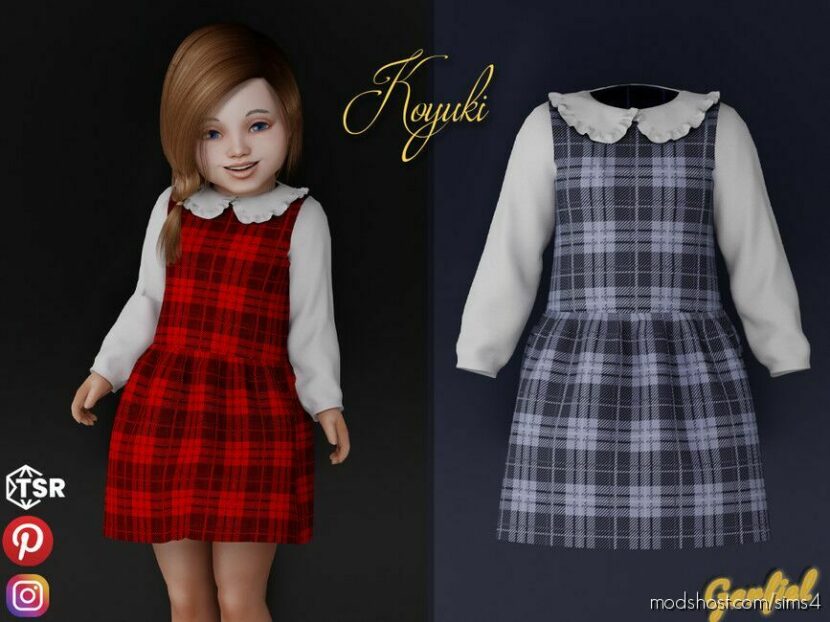 Sims 4 Female Clothes Mod: Koyuki – Plaid Dress With White Sleeves And Ruffled Collar (Featured)