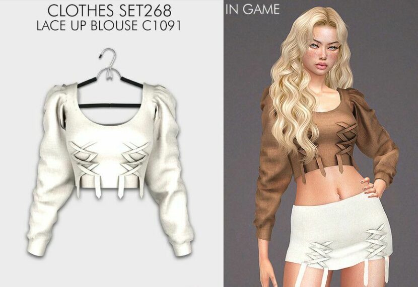 Sims 4 Female Mod: Clothes SET268 – Lace UP Blouse C1091 (Featured)