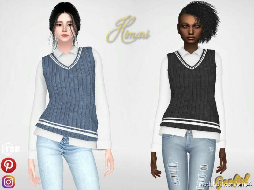 Sims 4 Female Clothes Mod: Himari – White Shirt And Knitted Vest (Featured)