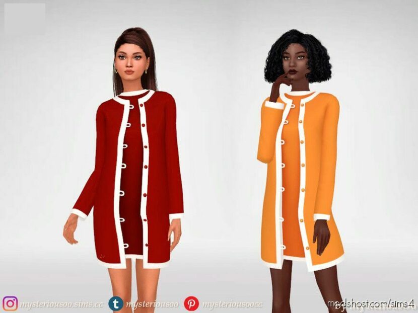 Sims 4 Dress Clothes Mod: Simxties – Short Dress And Coat With White Collar (Featured)