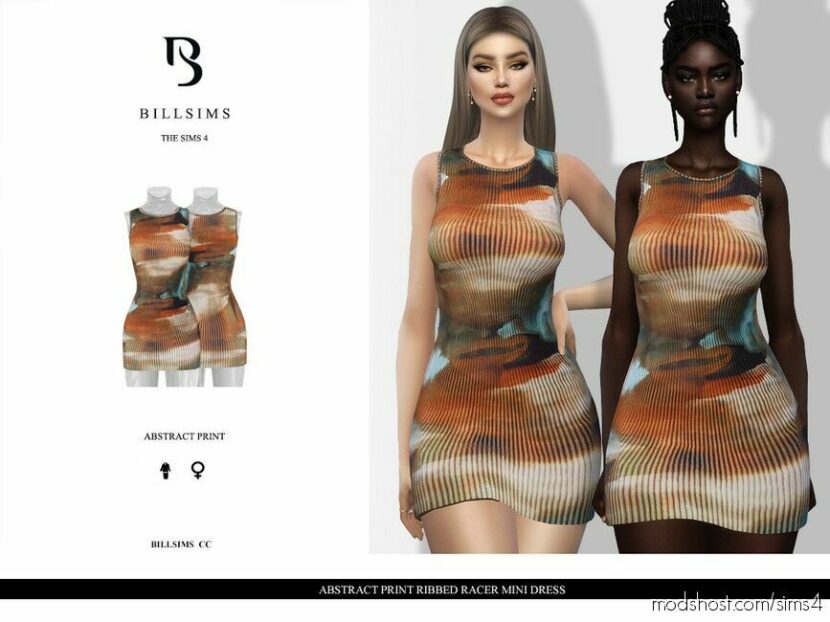 Sims 4 Dress Clothes Mod: Abstract Print Ribbed Racer Mini Dress (Featured)