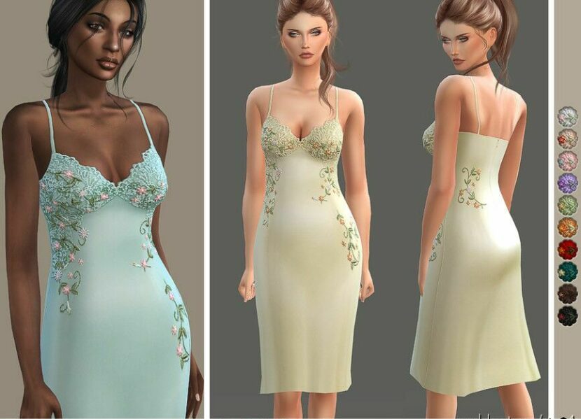 Sims 4 Female Clothes Mod: Embroidered Satin Midi Dress (Featured)