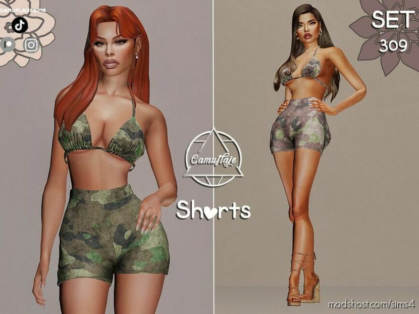 Sims 4 Female Clothes Mod: SET 309 – Camouflage Bikini top, bottoms & shorts (Featured)