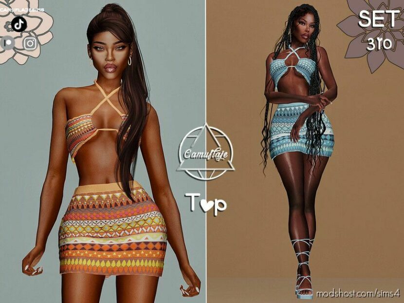 Sims 4 Female Clothes Mod: SET 310 – GEO Print TOP & Skirt (Featured)