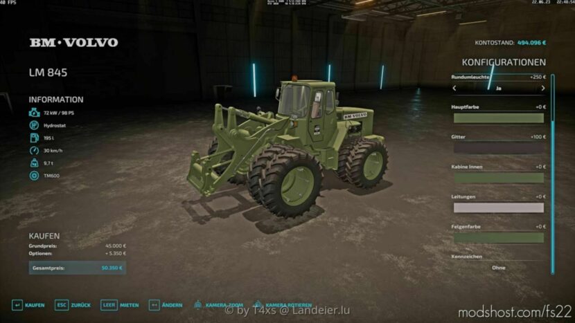 FS22 Volvo Forklift Mod: LM 845 Weekend Farmers Edition (Featured)