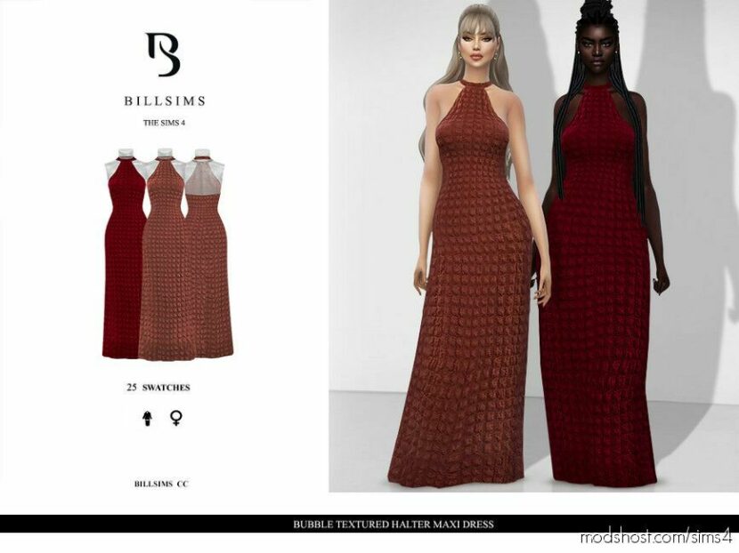 Sims 4 Formal Clothes Mod: Bubble Textured Halter Maxi Dress (Featured)