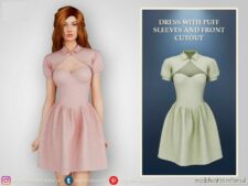 Sims 4 Teen Clothes Mod: Dress With Puff Sleeves And Front Cutout (Featured)