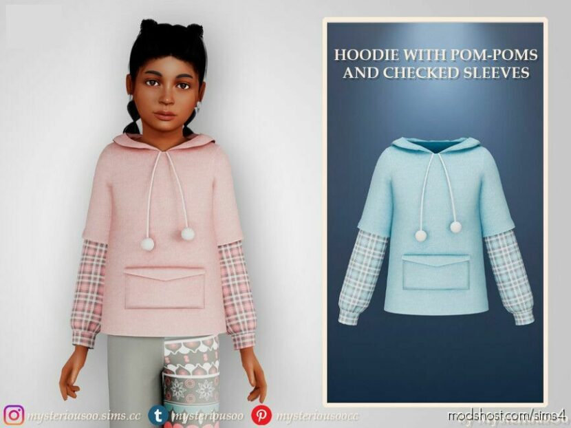 Sims 4 Everyday Clothes Mod: Hoodie With Pom-Poms And Checked Sleeves (Featured)