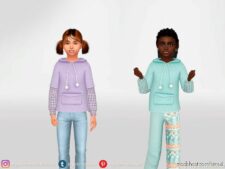 Sims 4 Everyday Clothes Mod: Hoodie With Pom-Poms And Checked Sleeves (Image #2)