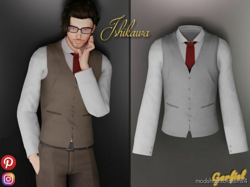 Sims 4 Adult Clothes Mod: Ishikawa – A Shirt With A RED TIE And A Vest (Featured)