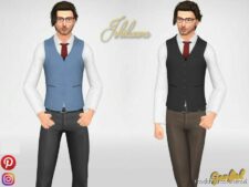 Sims 4 Adult Clothes Mod: Ishikawa – A Shirt With A RED TIE And A Vest (Image #2)