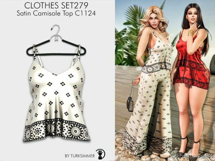 Sims 4 Elder Mod: Clothes SET279 – Satin Camisole TOP & Mini Skirt (Featured)