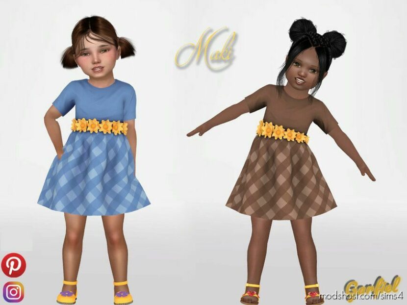 Sims 4 Kid Clothes Mod: Maki – Dress With Flowers ON The Belt And A Plaid Skirt (Featured)